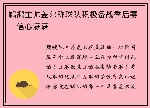 鹈鹕主帅盖尔称球队积极备战季后赛，信心满满
